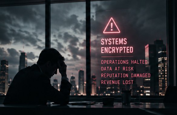 Executive with head in hands in a dark office, 'systems encrypted' alert on the window