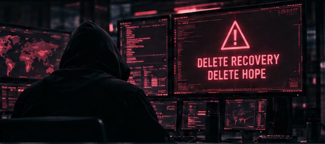 Hooded attacker at monitors showing 'Delete recovery, delete hope'