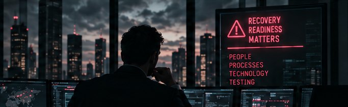 Analyst facing monitors with a 'recovery readiness matters' screen