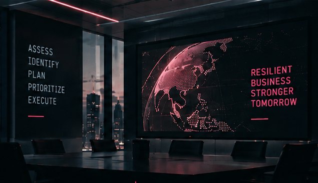 Dark boardroom with a glowing globe display