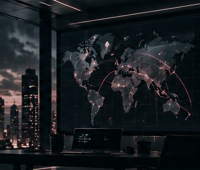 Office with a world-map screen over a night skyline