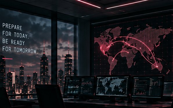 Operations room with a world map of connections over a night skyline
