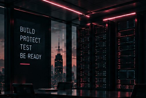 Server room with pink-lit racks overlooking a city at dusk