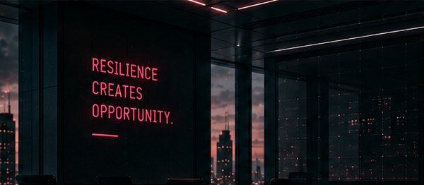 Dark office with a 'resilience creates opportunity' wall display