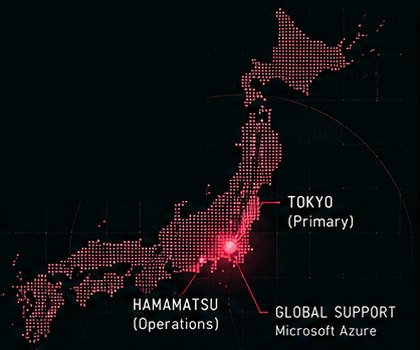 Dot map of Japan marking Tokyo (primary), Hamamatsu (operations) and global Microsoft Azure support