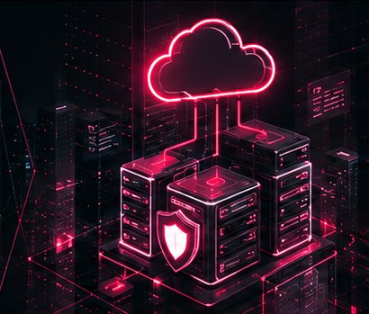 Neon cloud connected to a secure server stack with a shield